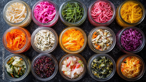 Obraz na płótnie A vibrant collection of assorted fermented foods in clear glass jars, showcasing colorful fruits and vegetables symbolizing gut health, natural preservation, and probiotic rich nutrition.
w salonie
