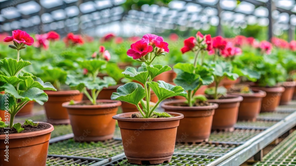 Pelargonium zonal seedlings growing in plastic flower pots , nursery, sprouts, nursery Pelargonium zonal seedlings growing in plastic flower pots , nursery, sprouts, nursery
