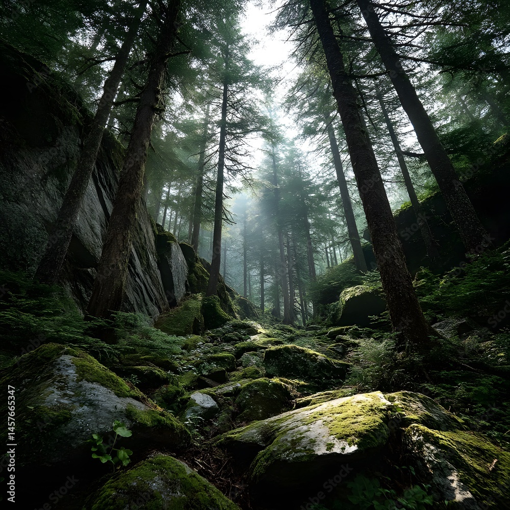 Obraz premium Old-growth forest with towering trees, moss-covered rocks, and sunlight peeking through the canopy, untouched nature