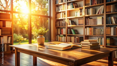Wallpaper Mural Cozy Reading Nook: Books on Table Beside Bookshelf Torontodigital.ca