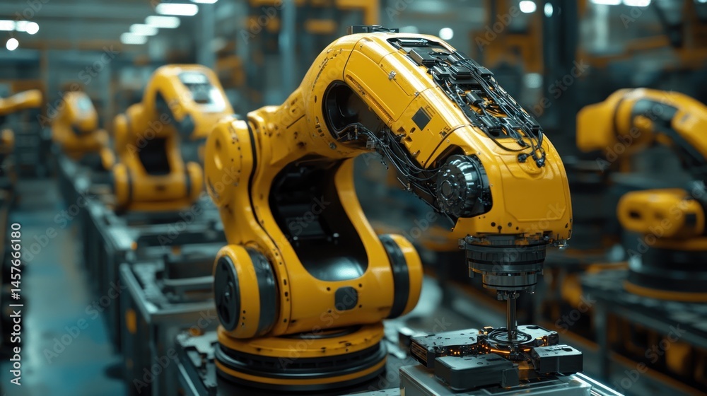 Fototapeta premium Industrial Robotic Arm Assembly Line: Advanced Manufacturing Technology