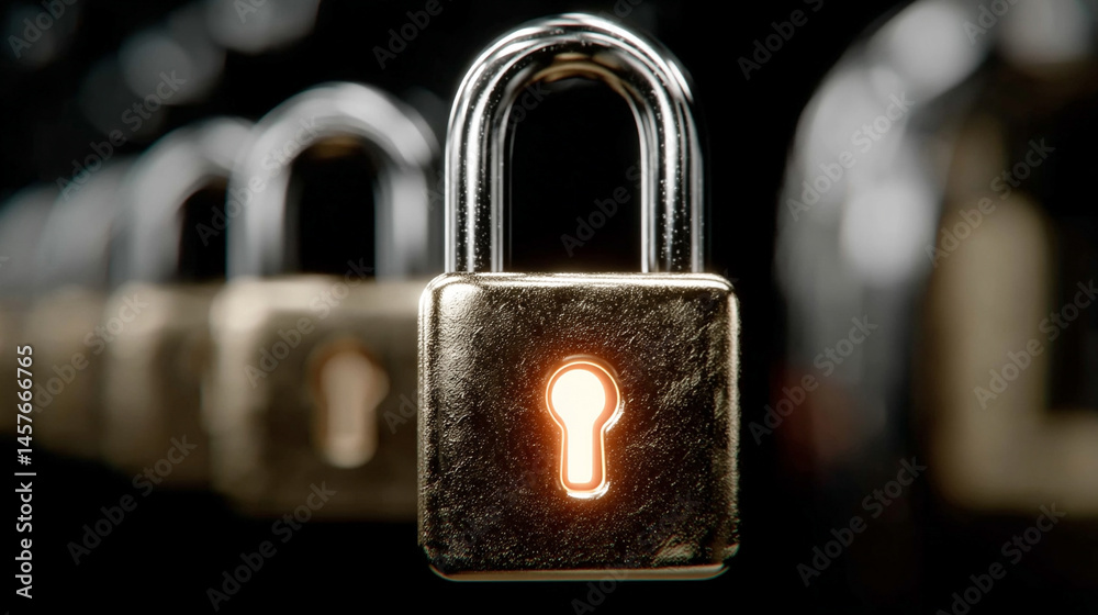 Abstract digital padlock glows over a futuristic network background, symbolizing cybersecurity, global data protection, and secure digital infrastructure for business and personal information.