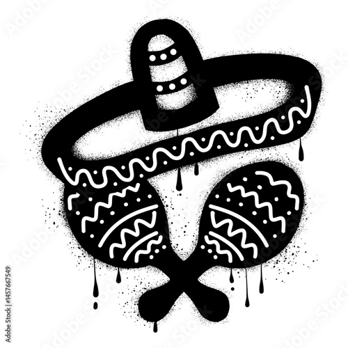 Mexican maracas and sombrero hat with black spray paint graffiti