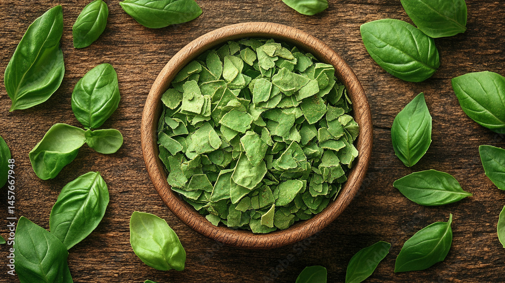 Top view of a textured pile of dried and chopped basil spice, symbolizing natural flavor, culinary tradition, and the essence of Mediterranean cooking in organic, earthy tones.