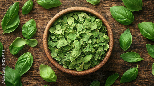 Obraz na płótnie Top view of a textured pile of dried and chopped basil spice, symbolizing natural flavor, culinary tradition, and the essence of Mediterranean cooking in organic, earthy tones.
w salonie