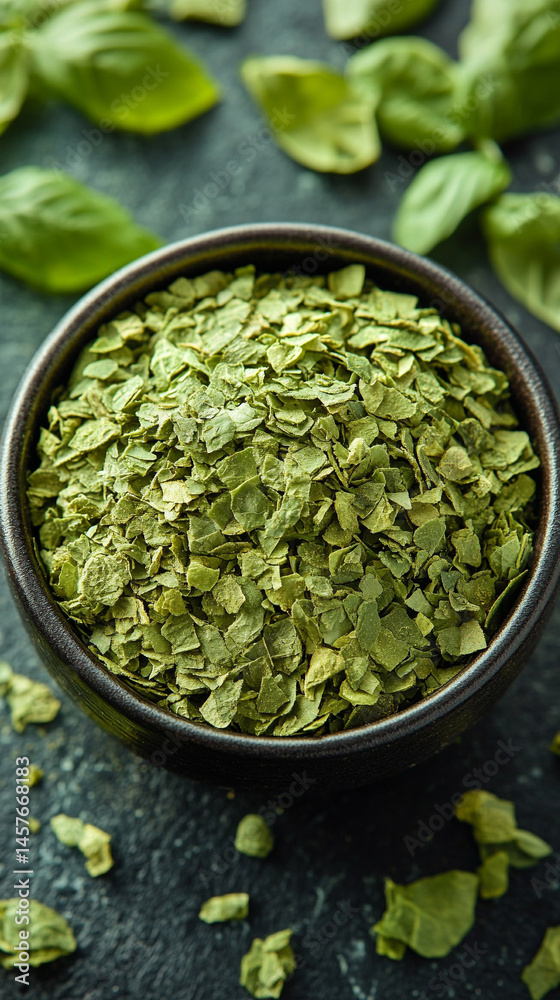 Top view of a textured pile of dried and chopped basil spice, symbolizing natural flavor, culinary tradition, and the essence of Mediterranean cooking in organic, earthy tones.