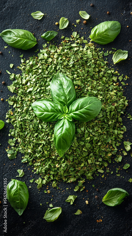 Top view of a textured pile of dried and chopped basil spice, symbolizing natural flavor, culinary tradition, and the essence of Mediterranean cooking in organic, earthy tones.