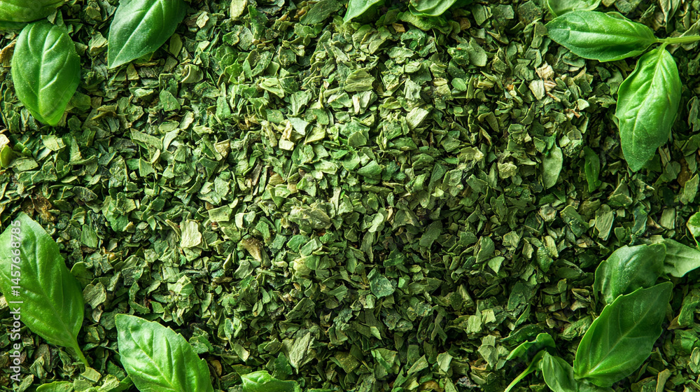 Top view of a textured pile of dried and chopped basil spice, symbolizing natural flavor, culinary tradition, and the essence of Mediterranean cooking in organic, earthy tones.
