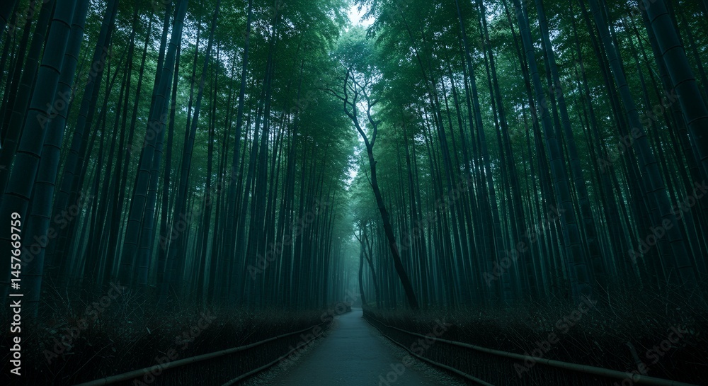 Naklejka premium Lush Green Bamboo Forest Path with Tranquil Atmosphere in Soft Lighting With Tall Tree Silhouettes