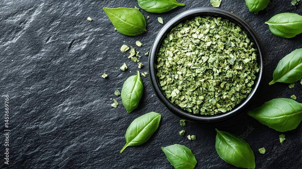 Top view of a textured pile of dried and chopped basil spice, symbolizing natural flavor, culinary tradition, and the essence of Mediterranean cooking in organic, earthy tones.
