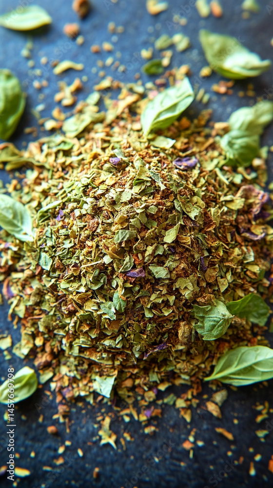 Top view of a textured pile of dried and chopped basil spice, symbolizing natural flavor, culinary tradition, and the essence of Mediterranean cooking in organic, earthy tones.