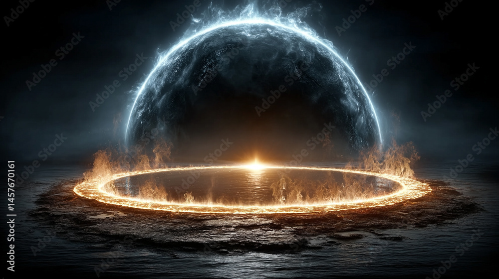 A glowing electric plasma portal pulses with vibrant energy in a dark void, symbolizing futuristic technology, dimensional gateways, and the unknown power of science and imagination.