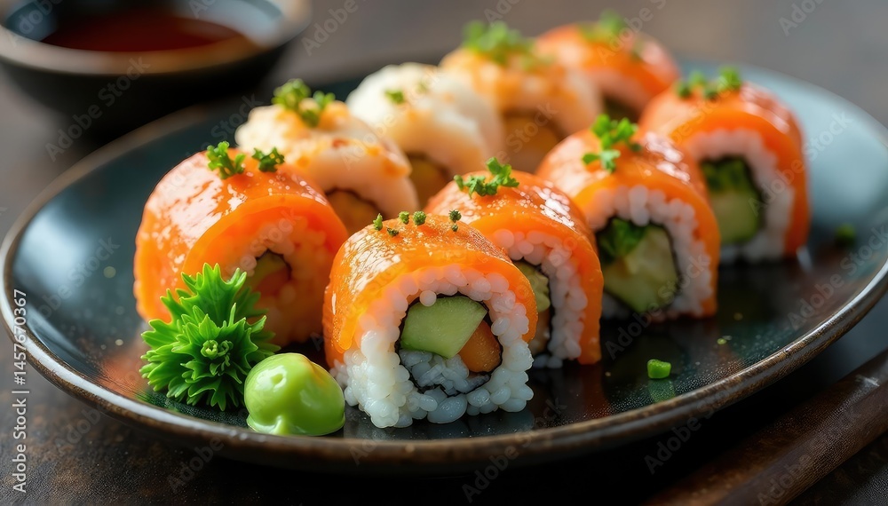 Various sushi rolls on a plate, wasabi, soy sauce, shrimp, japanese Various sushi rolls on a plate, wasabi, soy sauce, shrimp, japanese