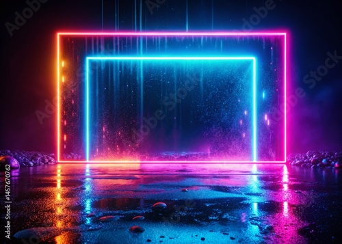 Cyberpunk Neon Landscape: Vibrant Frame on Dark Background