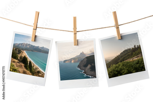 Three landscape photographs hanging from a rustic twine with wooden clothespins