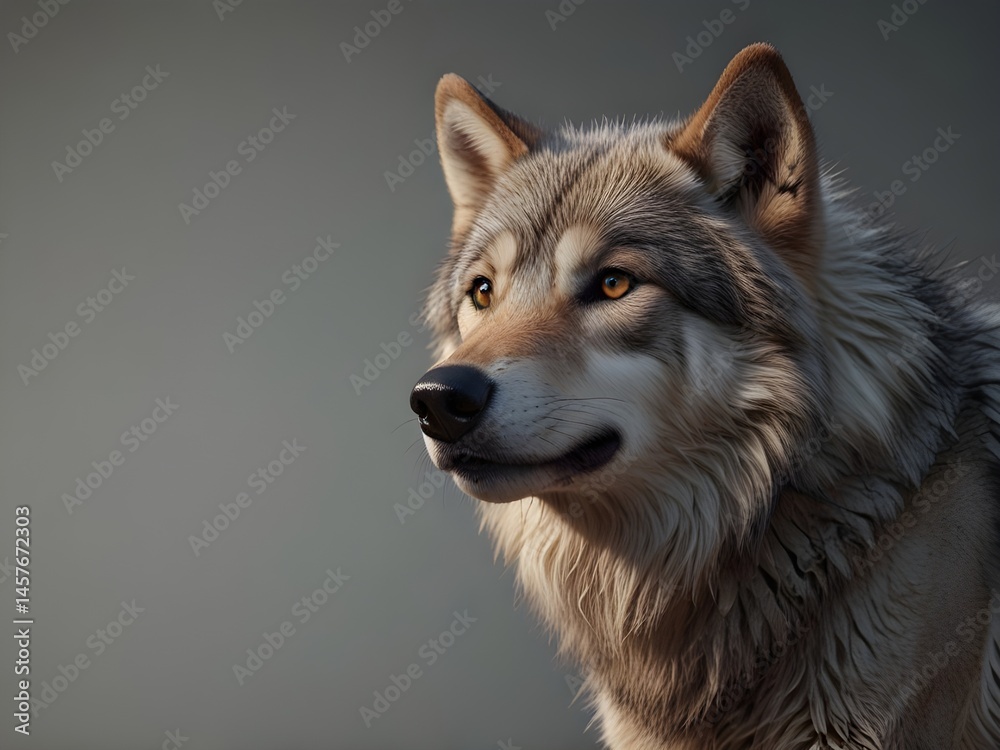 Fototapeta premium Close up of a wolf with gray and brown fur, looking alert and focused. The wolfs amber eyes and black nose are prominent against a blurred background.