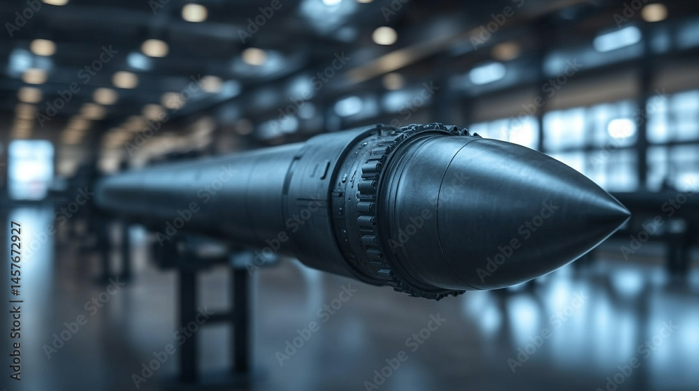 Exhibition of advanced military missiles displayed in a high-tech hall, symbolizing global power, defense innovation, modern warfare readiness, and international military technology race