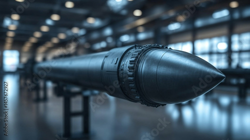 Obraz na płótnie Exhibition of advanced military missiles displayed in a high-tech hall, symbolizing global power, defense innovation, modern warfare readiness, and international military technology race
w salonie