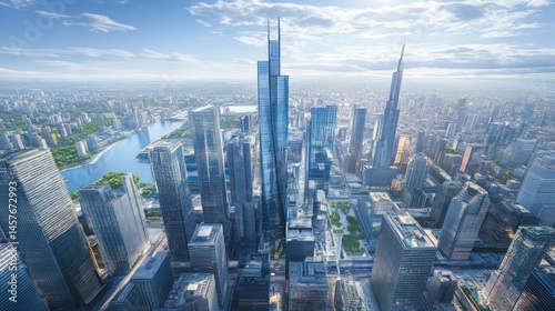 Modern cityscape with skyscrapers and river