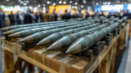 Obraz na płótnie Exhibition of advanced military missiles displayed in a high-tech hall, symbolizing global power, defense innovation, modern warfare readiness, and international military technology race
w salonie