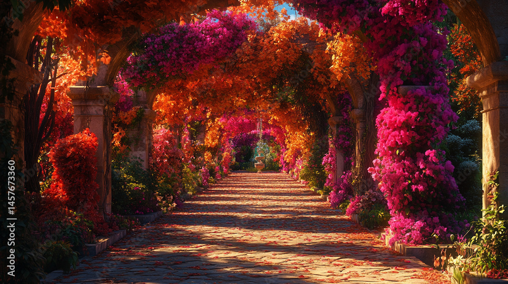 Fairytale garden with vibrant floral arches creates a whimsical path through nature's beauty, inspiring wonder, joy, and peaceful escape into a magical and serene world of enchantment.