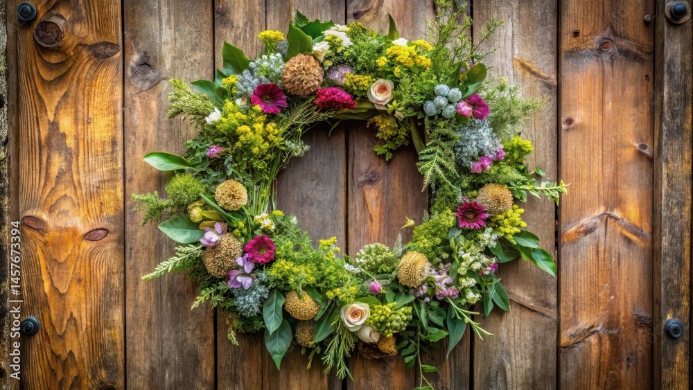 Fresh floral wreath with mixed greens and flowers in a circular shape on a wooden door, garden, branches Fresh floral wreath with mixed greens and flowers in a circular shape on a wooden door, garden, branches