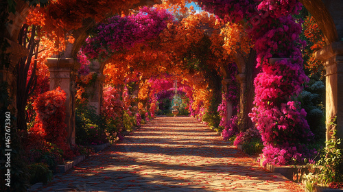 Obraz na płótnie Fairytale garden with vibrant floral arches creates a whimsical path through nature's beauty, inspiring wonder, joy, and peaceful escape into a magical and serene world of enchantment.
w salonie