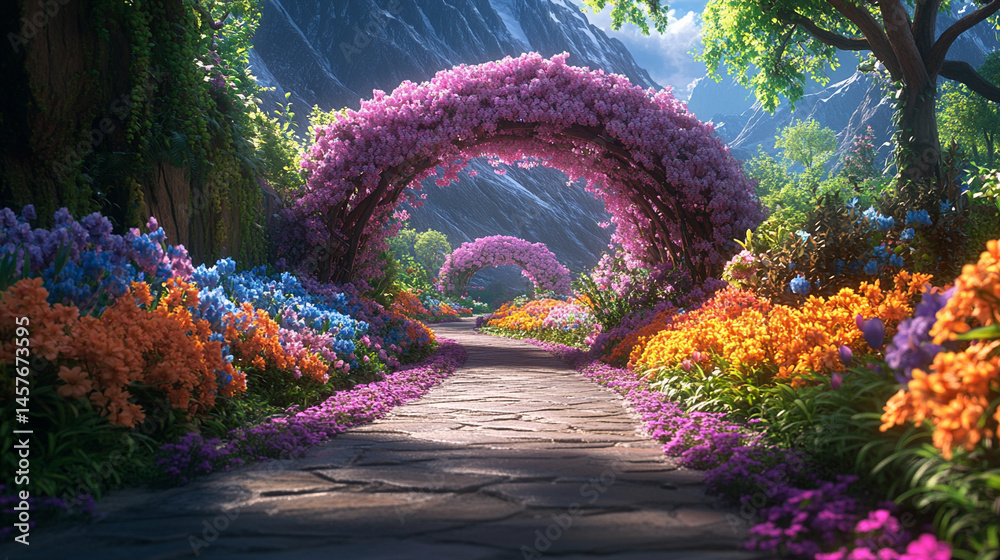 Fairytale garden with vibrant floral arches creates a whimsical path through nature's beauty, inspiring wonder, joy, and peaceful escape into a magical and serene world of enchantment.