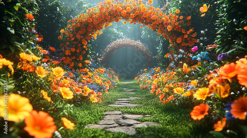 Obraz na płótnie Fairytale garden with vibrant floral arches creates a whimsical path through nature's beauty, inspiring wonder, joy, and peaceful escape into a magical and serene world of enchantment.
w salonie
