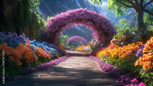 Obraz na płótnie Fairytale garden with vibrant floral arches creates a whimsical path through nature's beauty, inspiring wonder, joy, and peaceful escape into a magical and serene world of enchantment.
w salonie