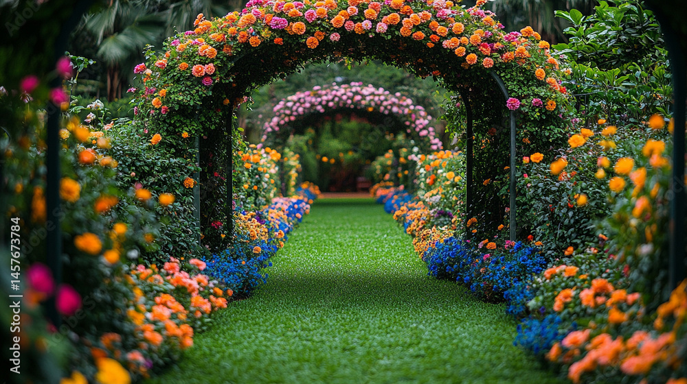 Fairytale garden with vibrant floral arches creates a whimsical path through nature's beauty, inspiring wonder, joy, and peaceful escape into a magical and serene world of enchantment.