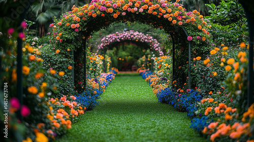 Obraz na płótnie Fairytale garden with vibrant floral arches creates a whimsical path through nature's beauty, inspiring wonder, joy, and peaceful escape into a magical and serene world of enchantment.
w salonie