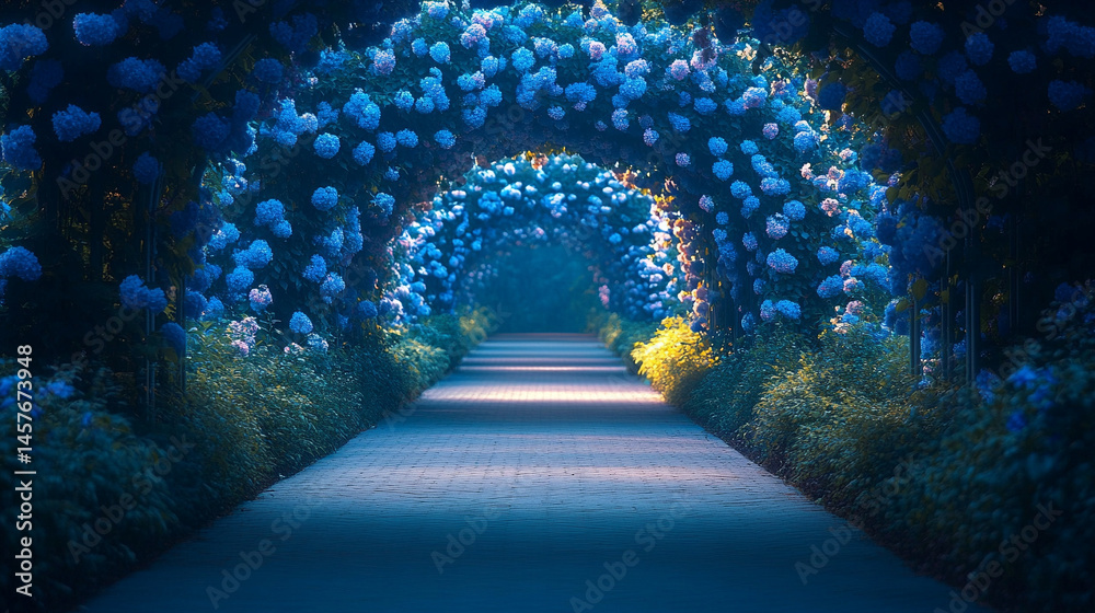 Fairytale garden with vibrant floral arches creates a whimsical path through nature's beauty, inspiring wonder, joy, and peaceful escape into a magical and serene world of enchantment.