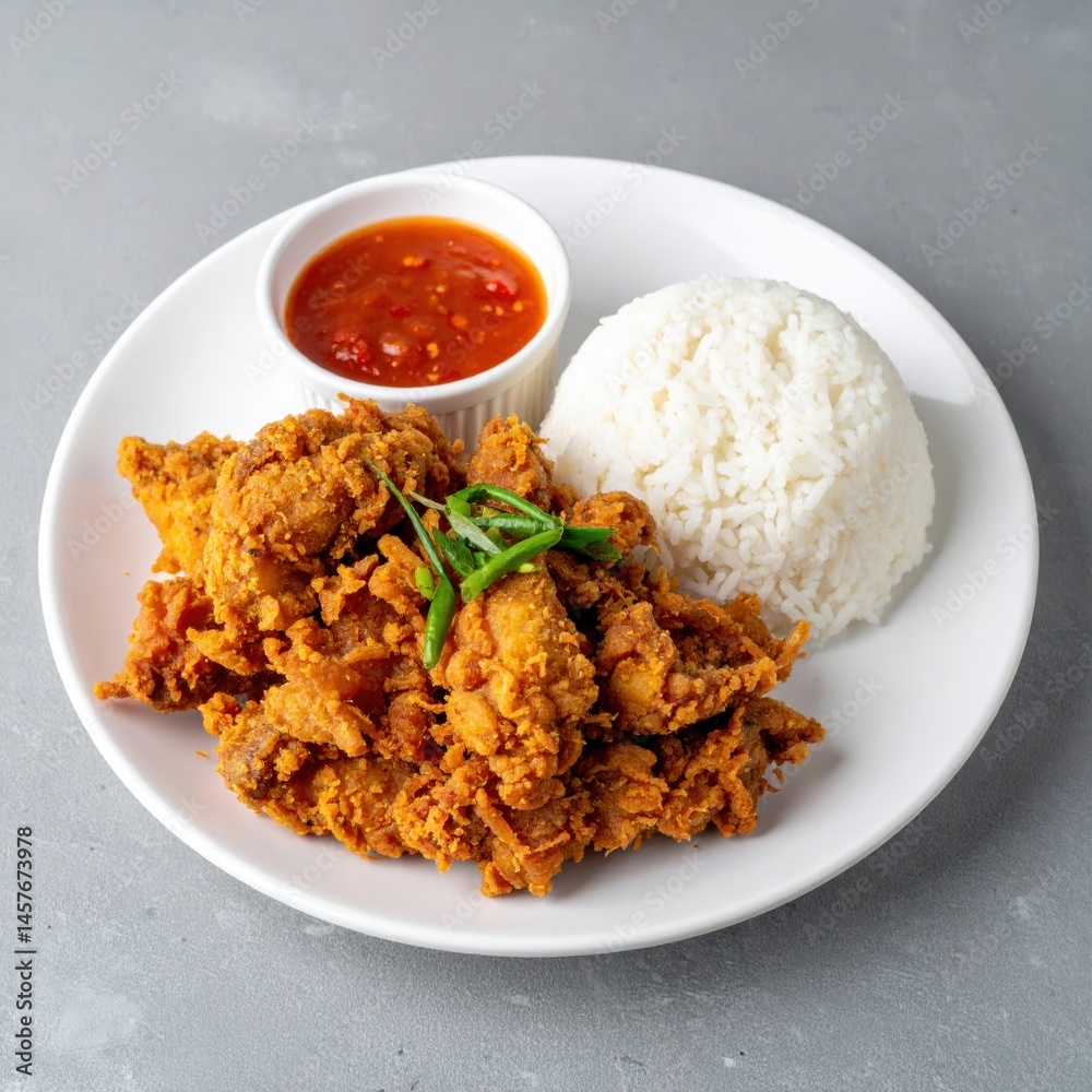 Ayam Goreng Lengkuas Served with Rice and Sambal Ayam Goreng Lengkuas Served with Rice and Sambal