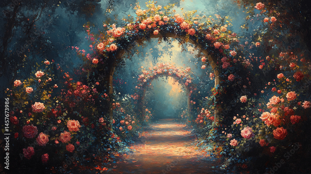 Fairytale garden with vibrant floral arches creates a whimsical path through nature's beauty, inspiring wonder, joy, and peaceful escape into a magical and serene world of enchantment.