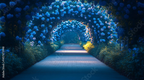 Obraz na płótnie Fairytale garden with vibrant floral arches creates a whimsical path through nature's beauty, inspiring wonder, joy, and peaceful escape into a magical and serene world of enchantment.
w salonie