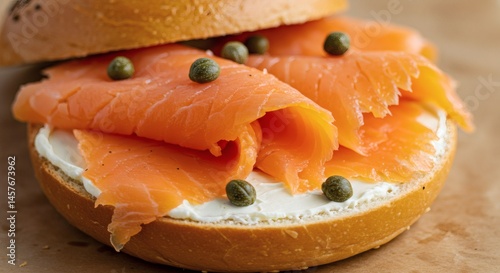 A close up of a bagel with cream cheese lox and capers on a brown surface in soft focus lighting