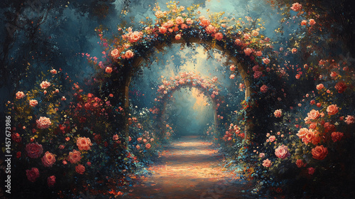 Obraz na płótnie Fairytale garden with vibrant floral arches creates a whimsical path through nature's beauty, inspiring wonder, joy, and peaceful escape into a magical and serene world of enchantment.
w salonie