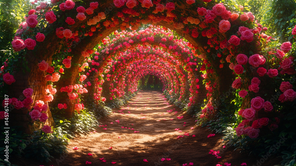 Fairytale garden with vibrant floral arches creates a whimsical path through nature's beauty, inspiring wonder, joy, and peaceful escape into a magical and serene world of enchantment.