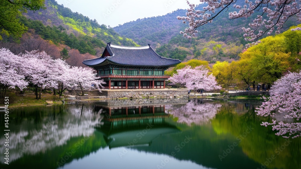 Fototapeta premium Tranquil asian pavilion reflected in a pond surrounded by cherry blossoms