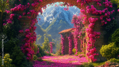 Obraz na płótnie Fairytale garden with vibrant floral arches creates a whimsical path through nature's beauty, inspiring wonder, joy, and peaceful escape into a magical and serene world of enchantment.
w salonie