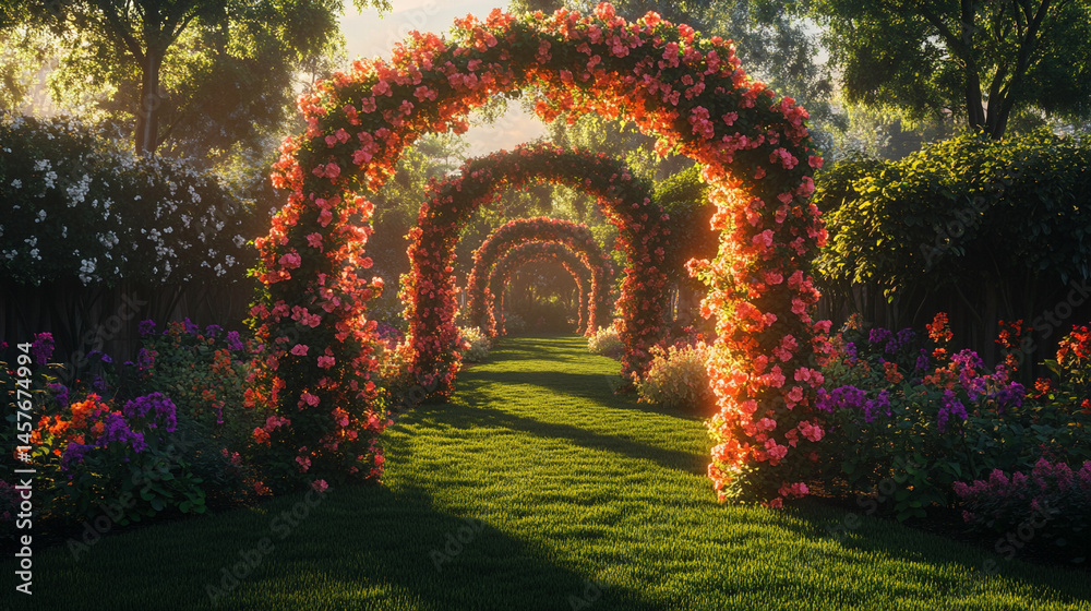 Fairytale garden with vibrant floral arches creates a whimsical path through nature's beauty, inspiring wonder, joy, and peaceful escape into a magical and serene world of enchantment.