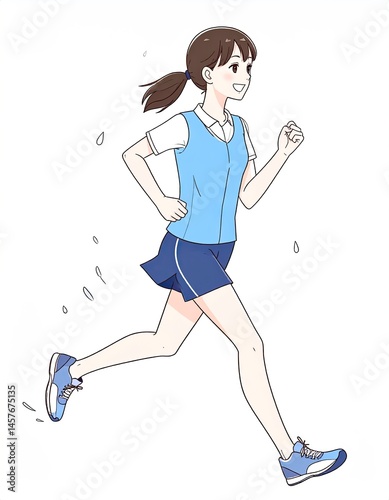 Pixelated illustration of a person in athletic wear running with a white background. She wears a blue top and shorts with matching sneakers and her hair is in a ponytail.