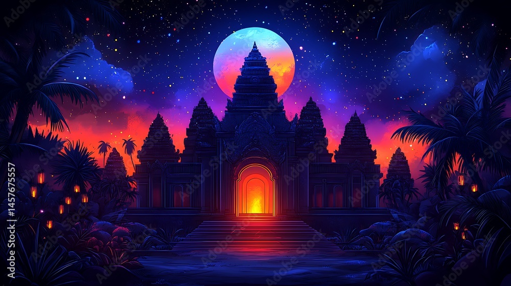 Fototapeta premium Mystical Temple Under a Giant Moon