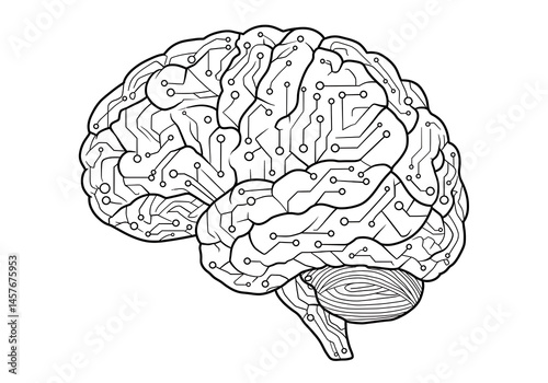 Abstract Brain with Neural Network Pattern Coloring Page - AI Technology Line Art for Adults & Children