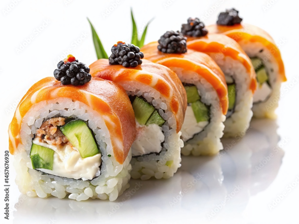 Delicious Salmon Eel Sushi Dragon Roll Set with Cream Cheese, Raw Fish, Rice, Cucumber & Flying Fish Roe Delicious Salmon Eel Sushi Dragon Roll Set with Cream Cheese, Raw Fish, Rice, Cucumber & Flying Fish Roe