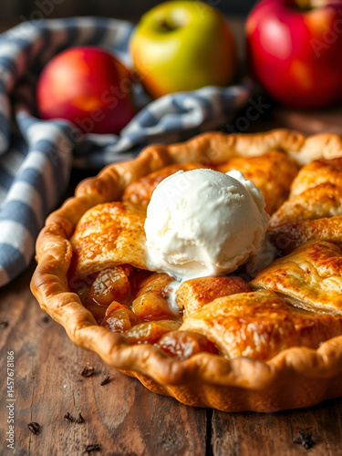 A golden apple pie with spiced filling and melting vanilla ice cream sits on a rustic table, exuding warmth and homespun comfort.