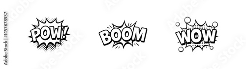 Dynamic collection of three monochrome comic speech bubbles with expressions, including "Pow," "Boom," and "Wow" on a transparent background