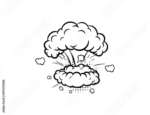 Explosion graphic with smoky clouds and halftone dots in a classic comic book style, black and white design on a transparent background