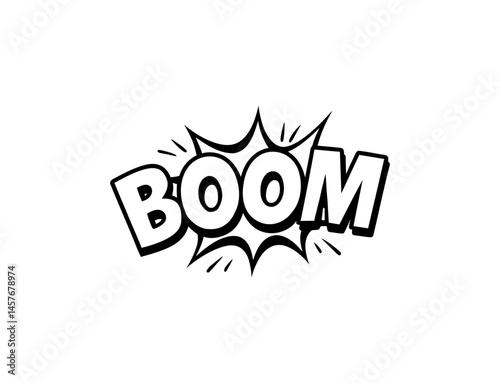 Bold black "BOOM" text in a burst cloud with radiating lines, graphic explosion effect, typographic design element, on a transparent background